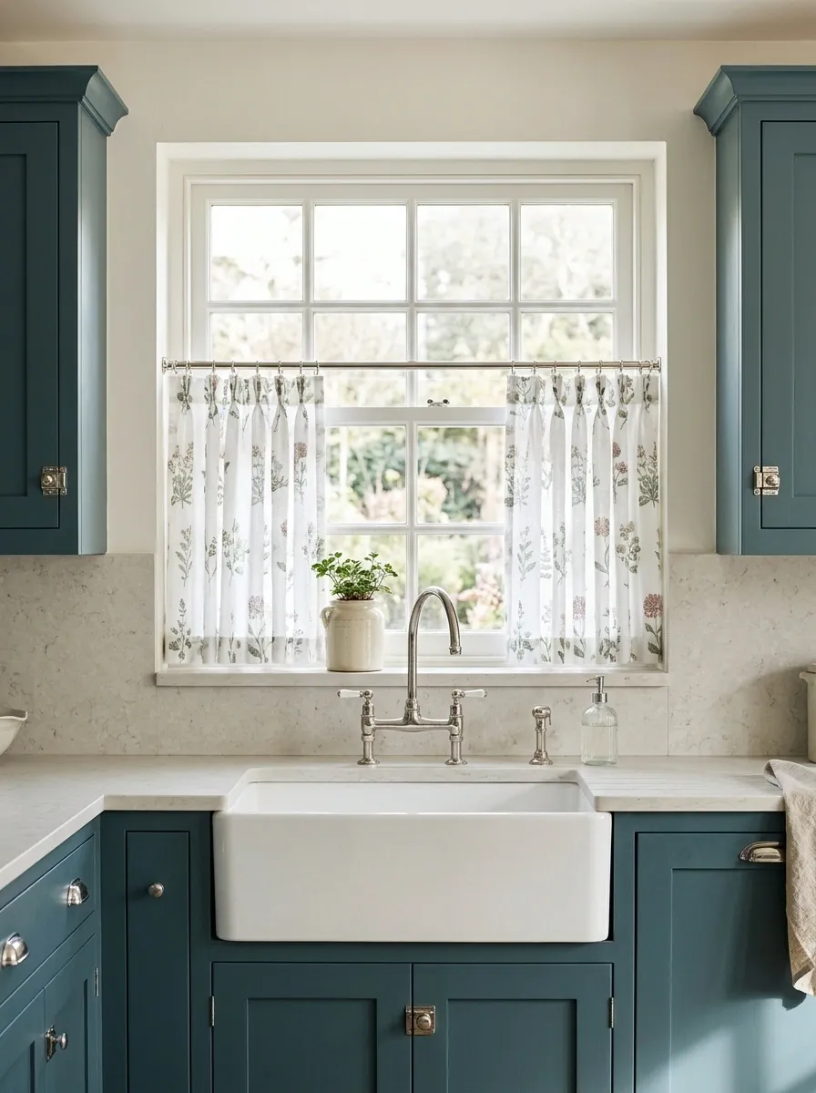 Grandmillennial Kitchen With Botanical Cafe Curtains
