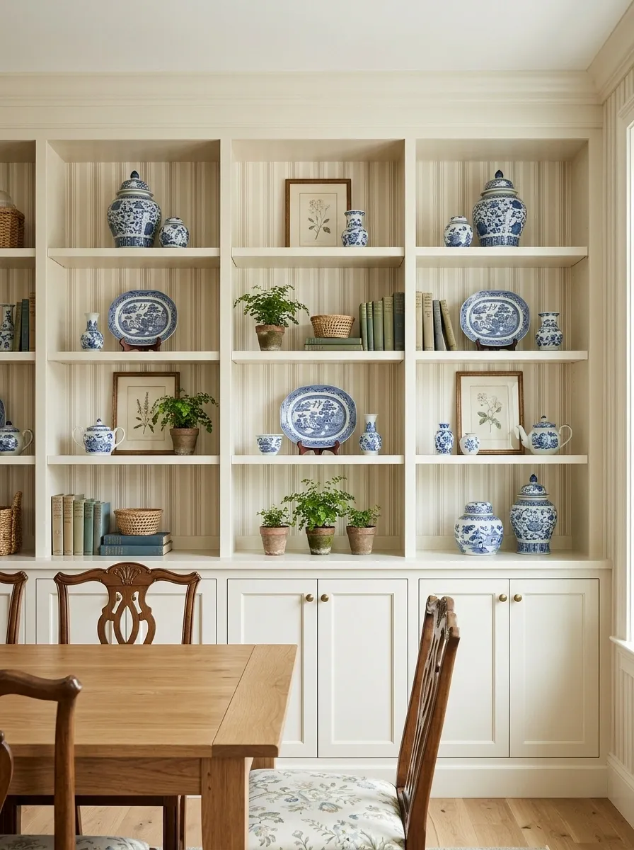 Grandmillennial Shelves With Ribbon-Striped Wallpaper and Blue China