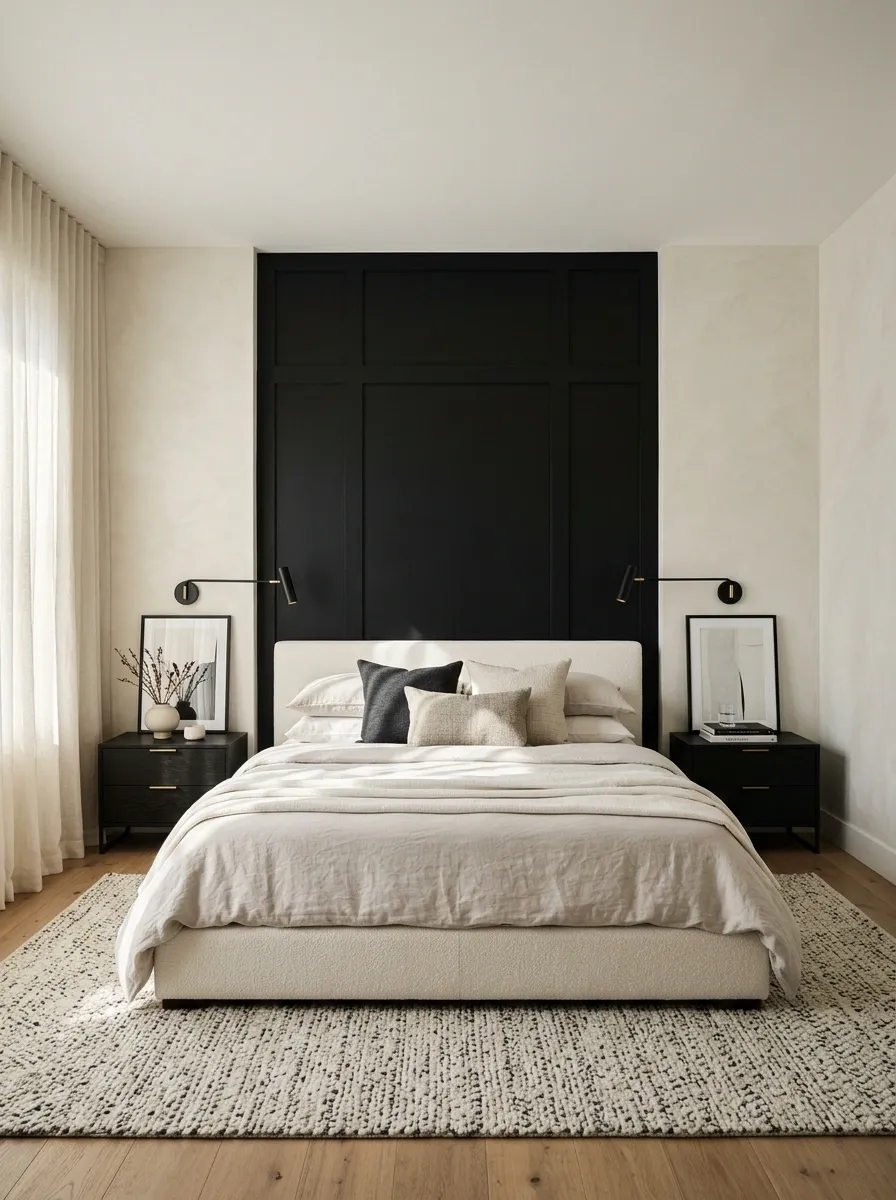 Graphic Black-and-Ivory Bedroom With Strong Architectural Contrast