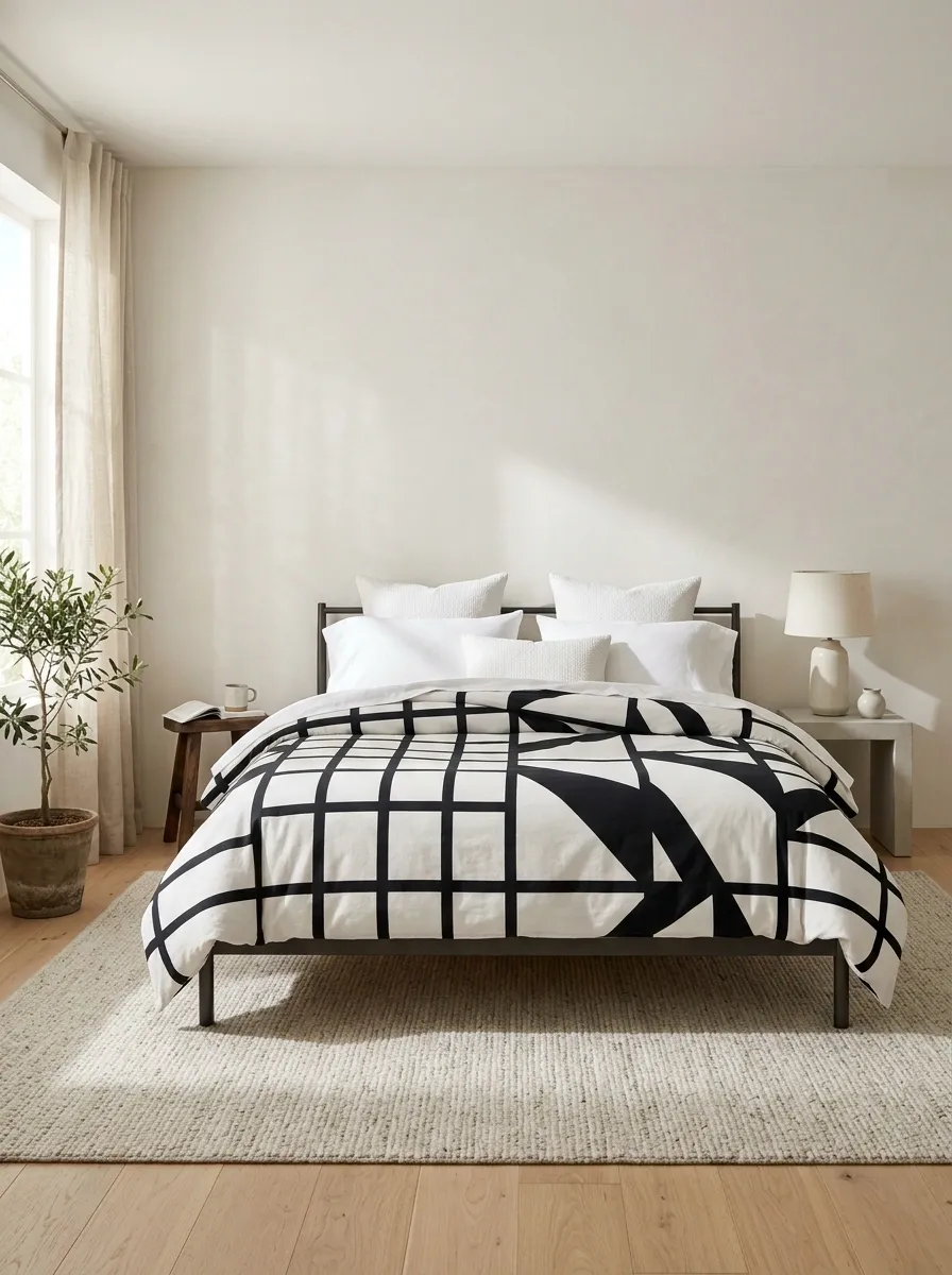 Graphic Black-and-White Bedding in a Clean Modern Bedroom