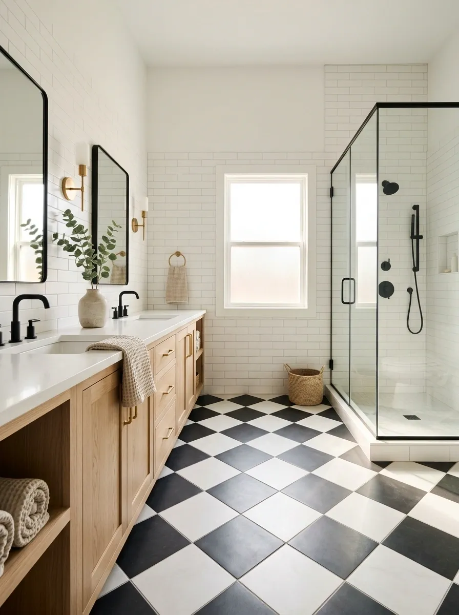 Graphic Black-and-White Farmhouse Bathroom With Checkerboard Flooring