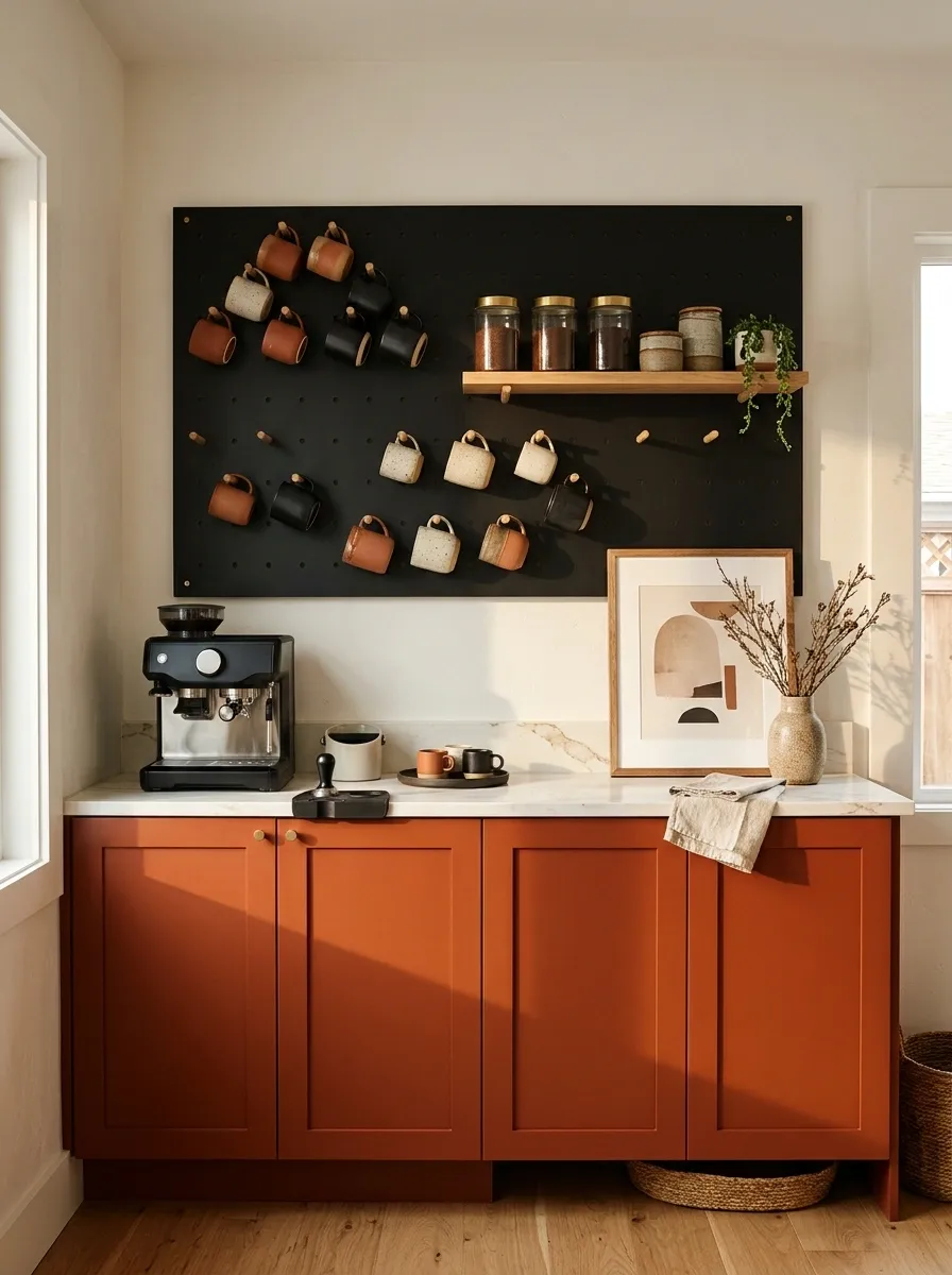 Graphic Pegboard Coffee Wall Above a Colorful Sideboard