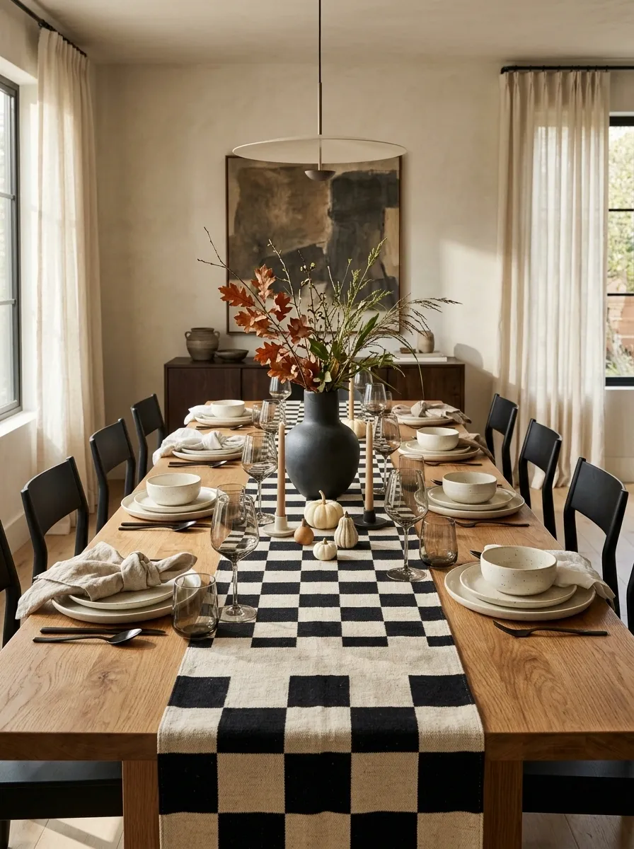 Graphic Thanksgiving With a Checkerboard Runner and Hand-Thrown Stoneware