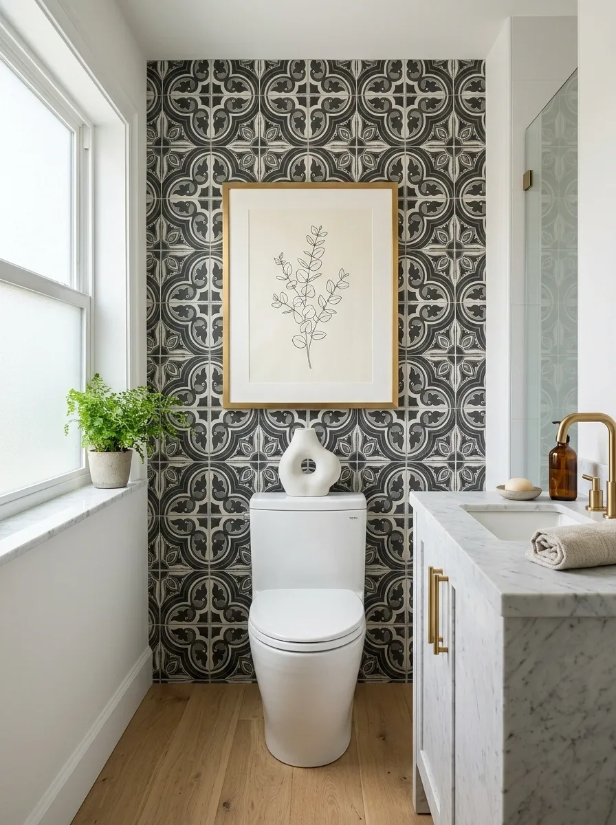 Graphic Tile With Brass Framed Art