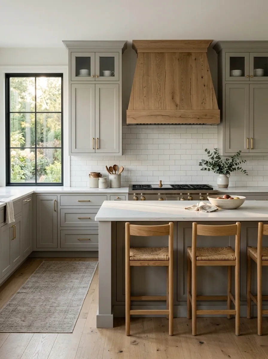 Gray and White Kitchen With a Rustic Wood Hood