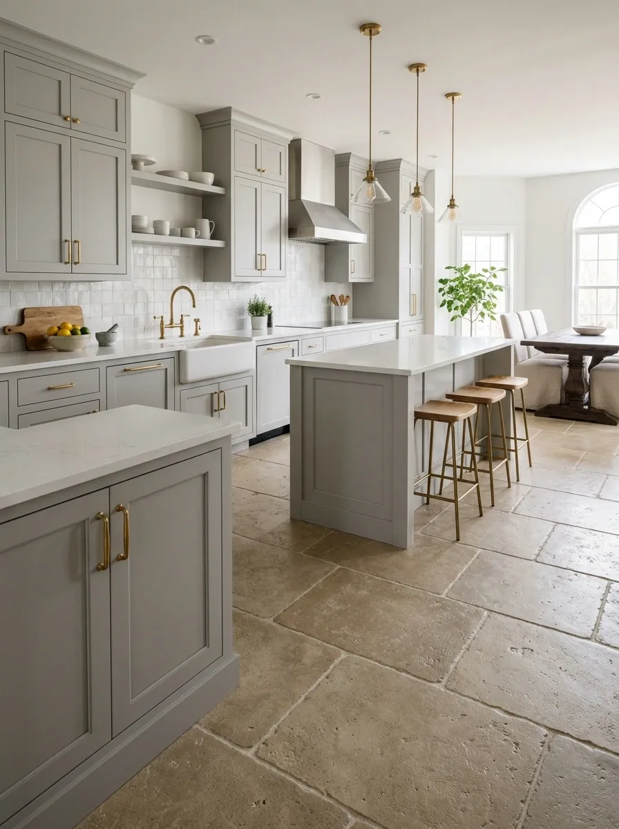Gray and White Kitchen With a Warm Stone Floor