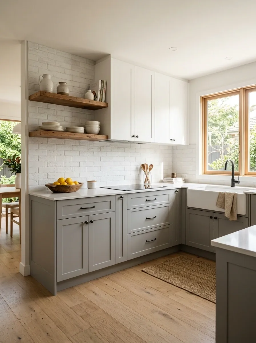 Gray Base Cabinets With a White Brick Backsplash