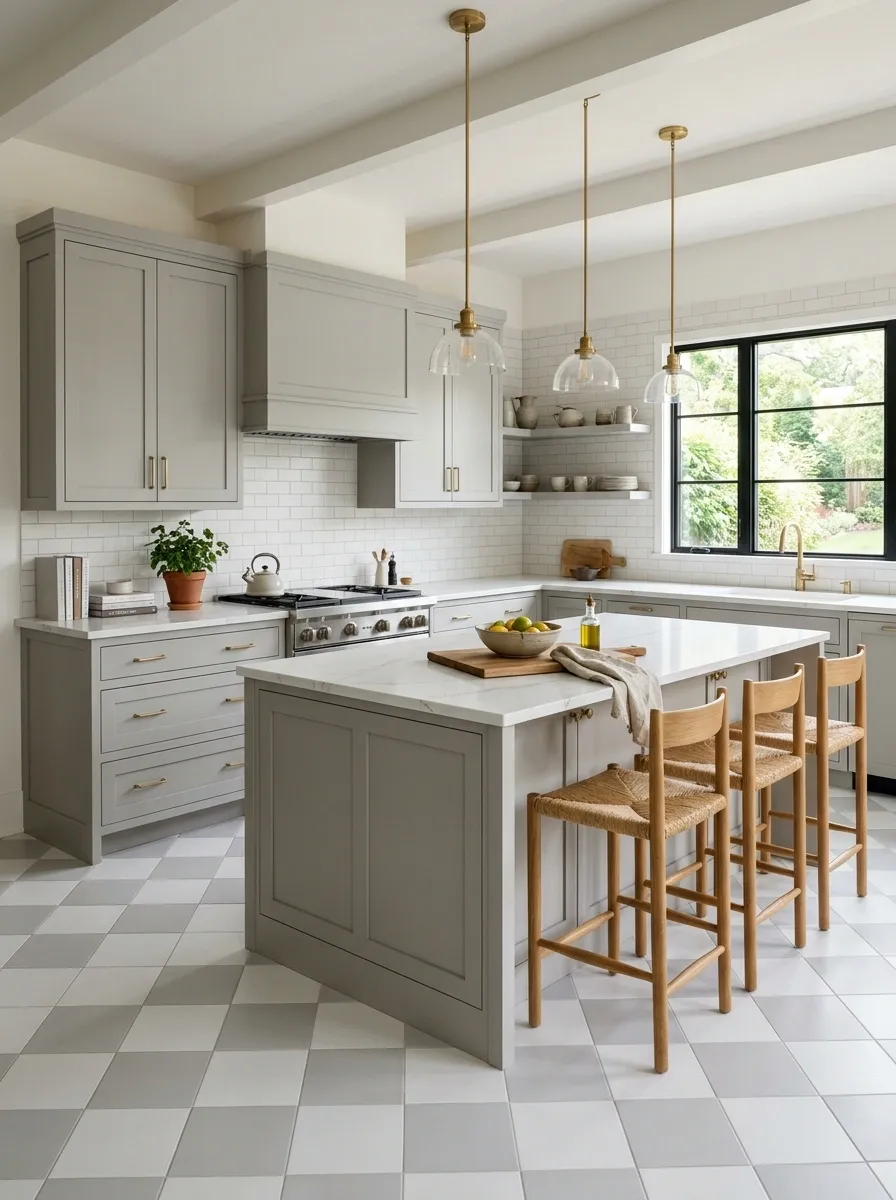 Gray Cabinetry With a White Checkerboard Floor