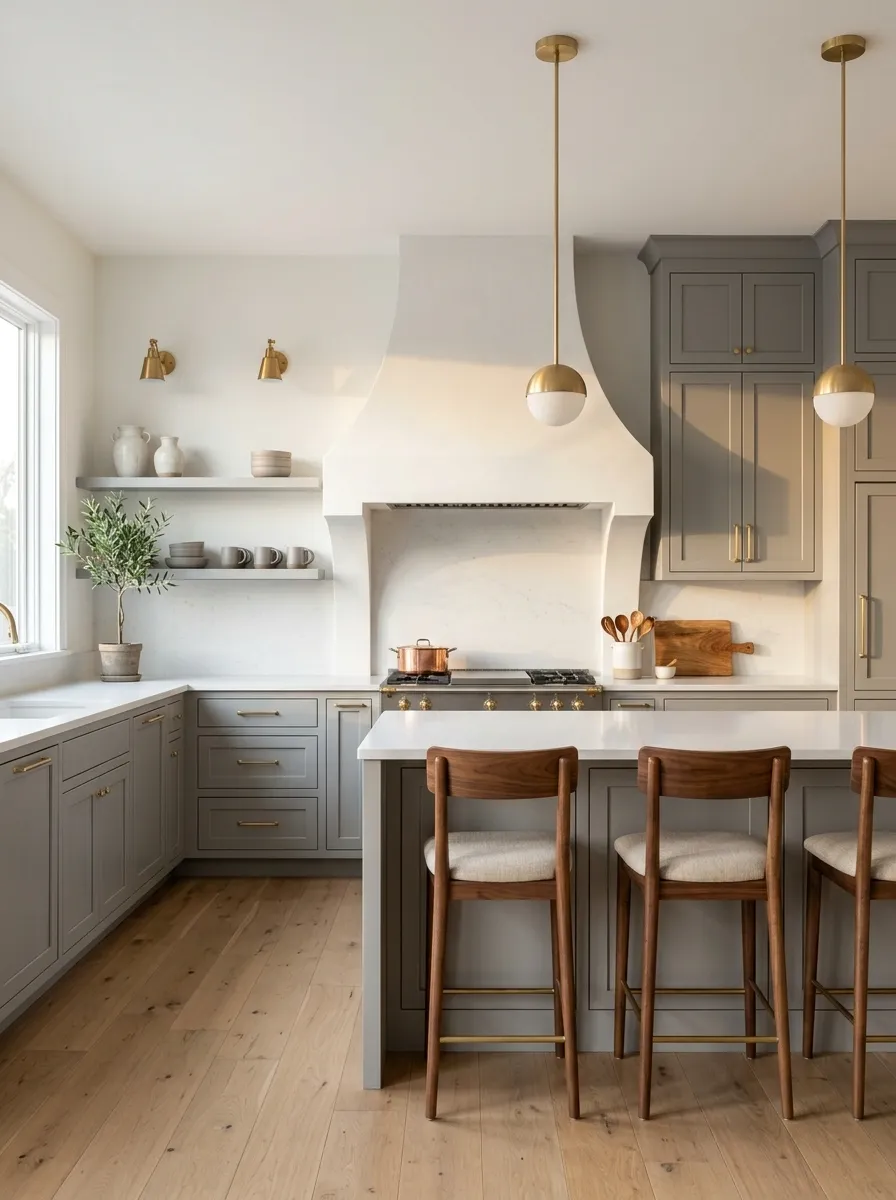 Gray Cabinetry With a White Curved Hood