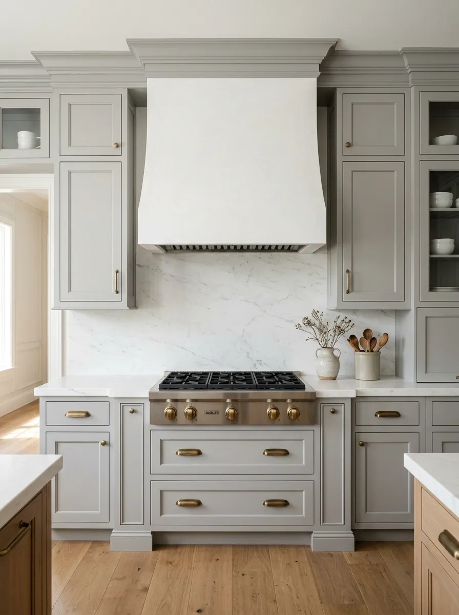 Gray Cabinets Framing a Bright White Range Wall