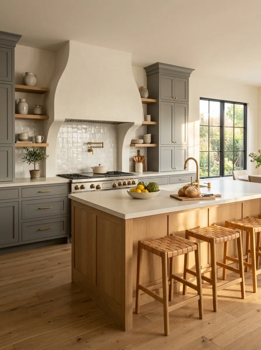 Gray Cabinets With Soft White Arched Details