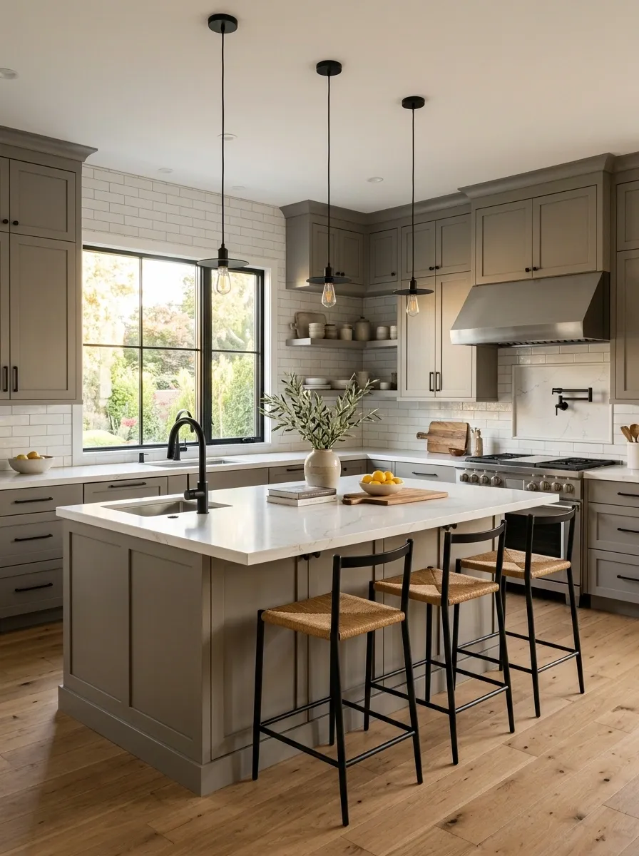 Gray Cabinets With White Subway Tile and Black Accents