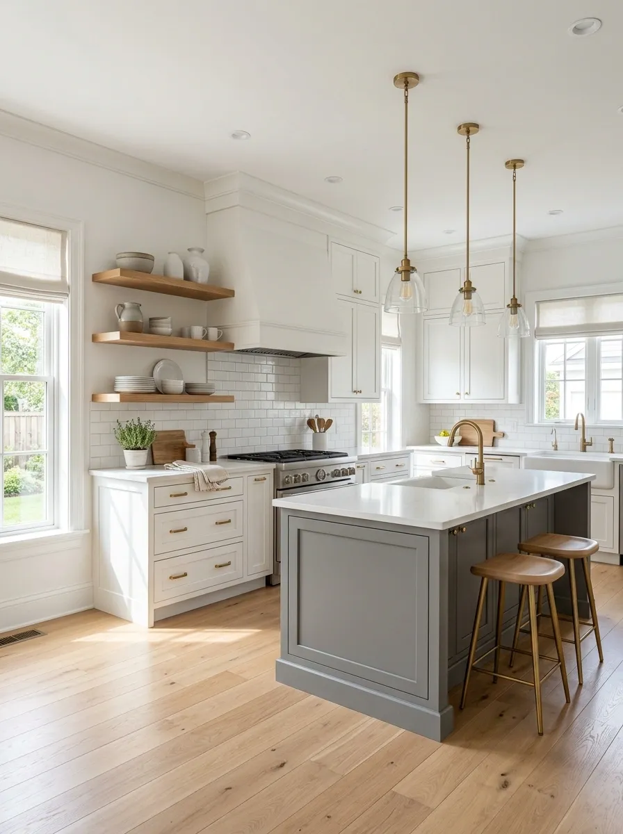 Gray Island With White Perimeter Cabinets and Open Shelving