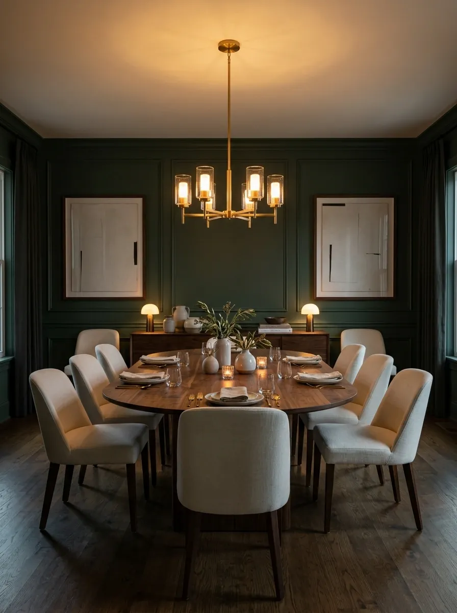 Green-and-Walnut Dining Room With an Intimate Evening Mood