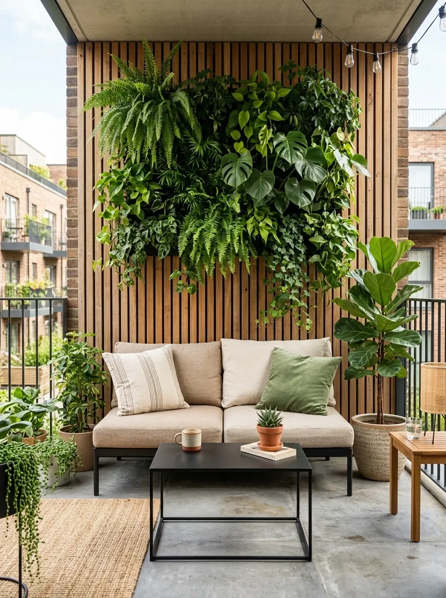 Green-and-Wood Patio With a Vertical Plant Wall and Compact Sofa