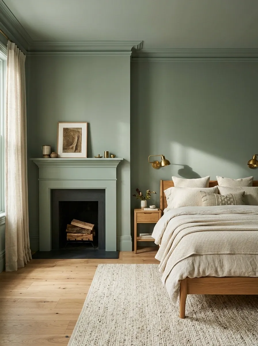 Green Bedroom With Painted Fireplace Surround and Brass Lighting