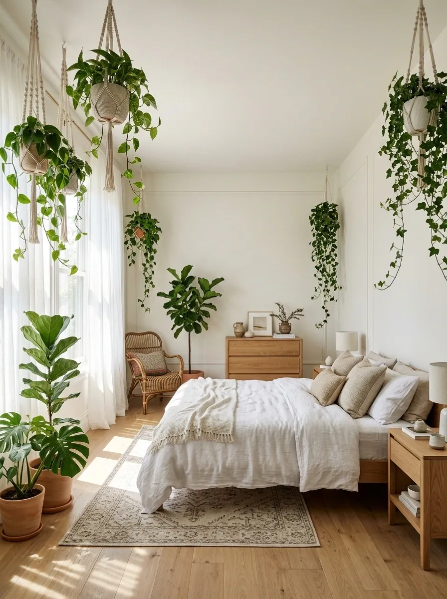 Green Canopy Bedroom With Breezy Linen and Suspended Planters
