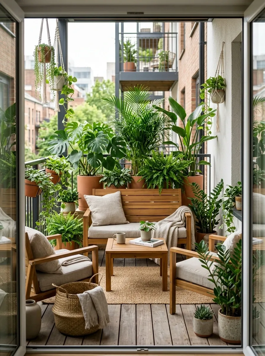 Green-Filled Balcony With a Simple Wooden Seating Set