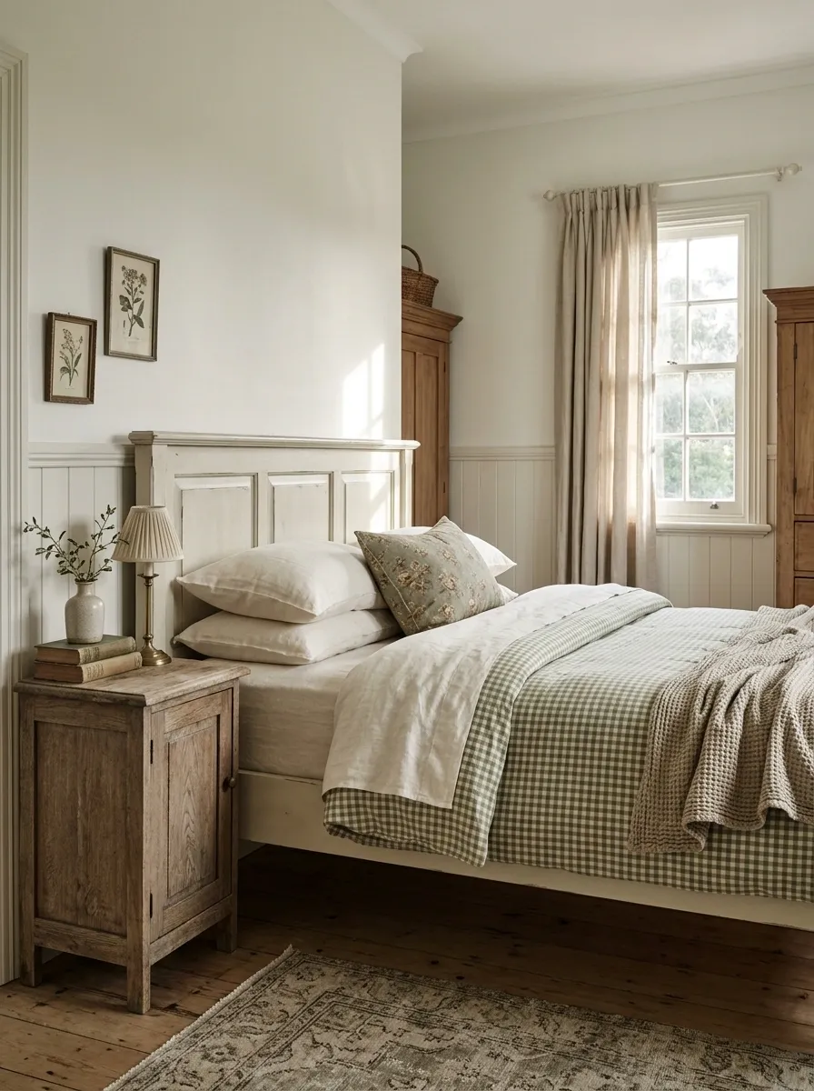 Green Gingham Bedding in a Relaxed Cottage Bedroom