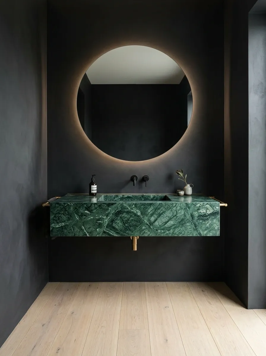 Green Marble Vanity Bathroom With Soft Black Walls