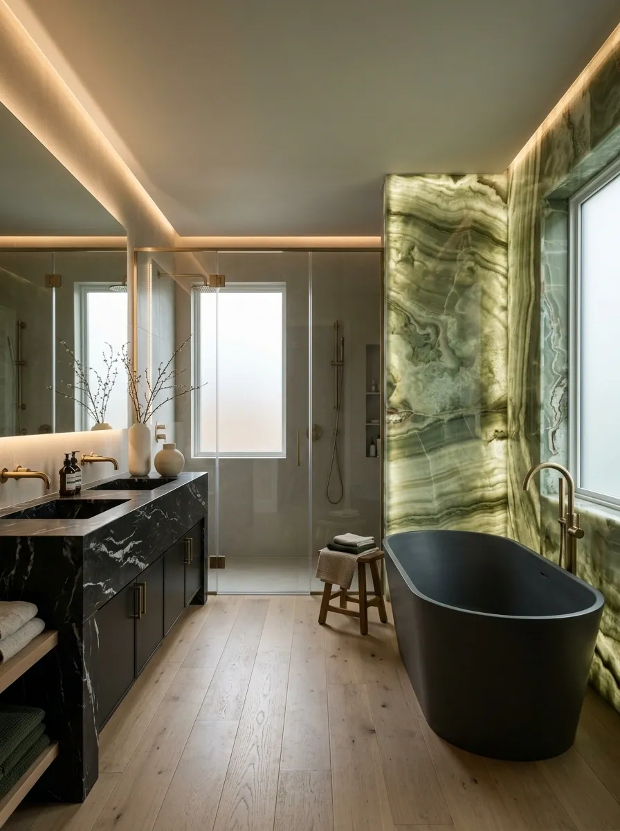 Green Onyx-Inspired Bathroom With Black Marble Vanity