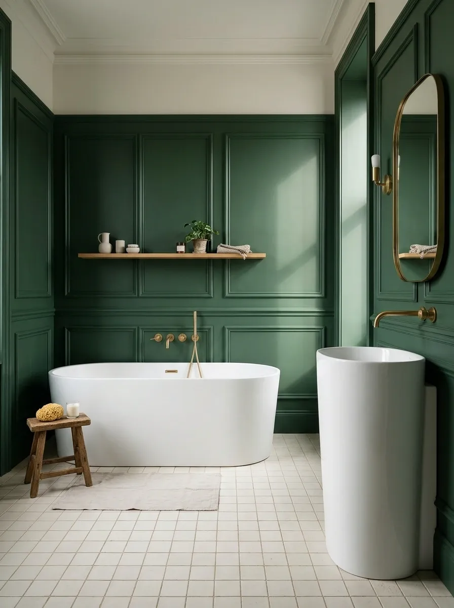 Green Paneling Bathroom With a Contemporary Soaking Tub