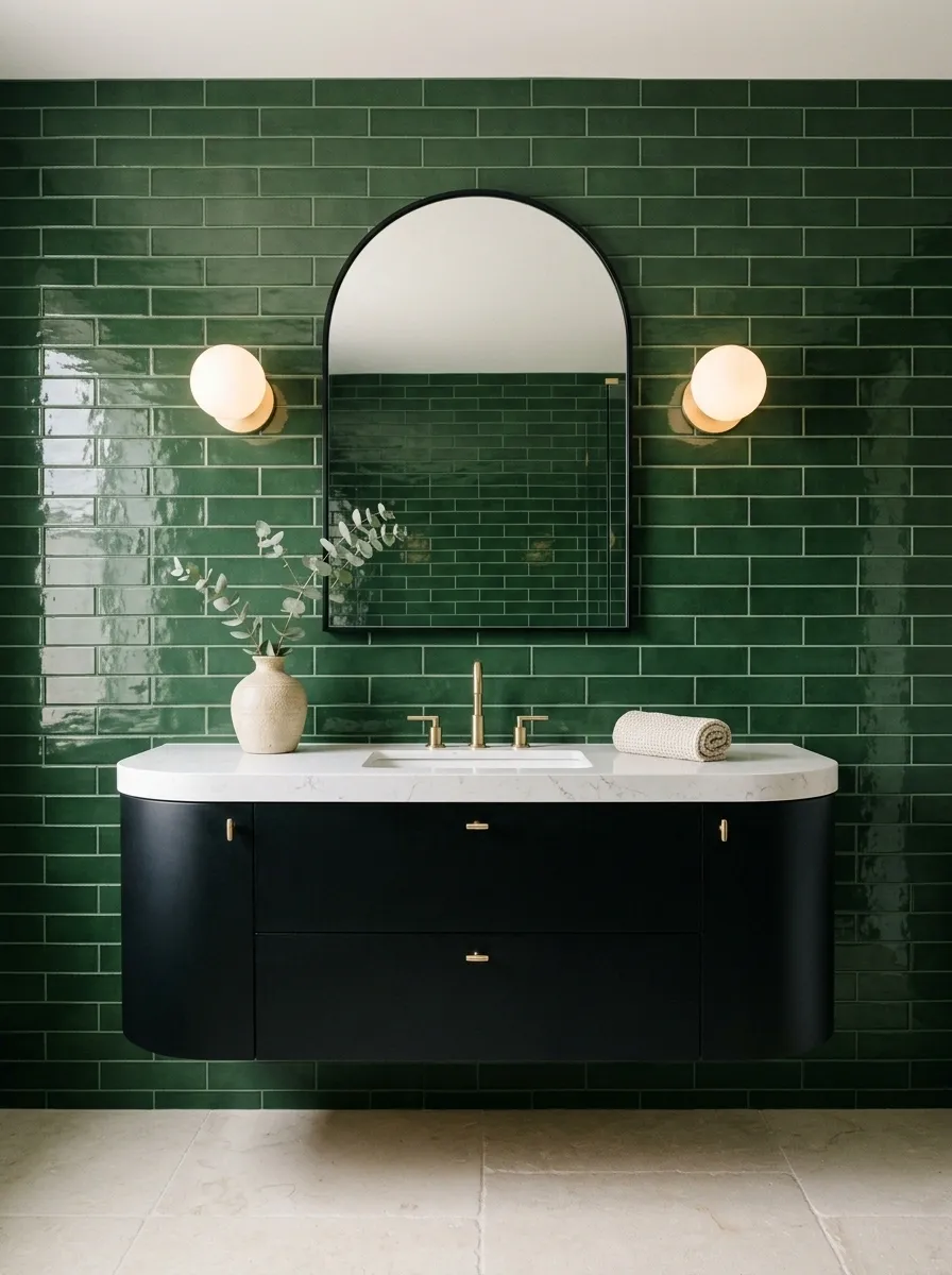 Green Subway Tile Bathroom With Sculptural Black Vanity