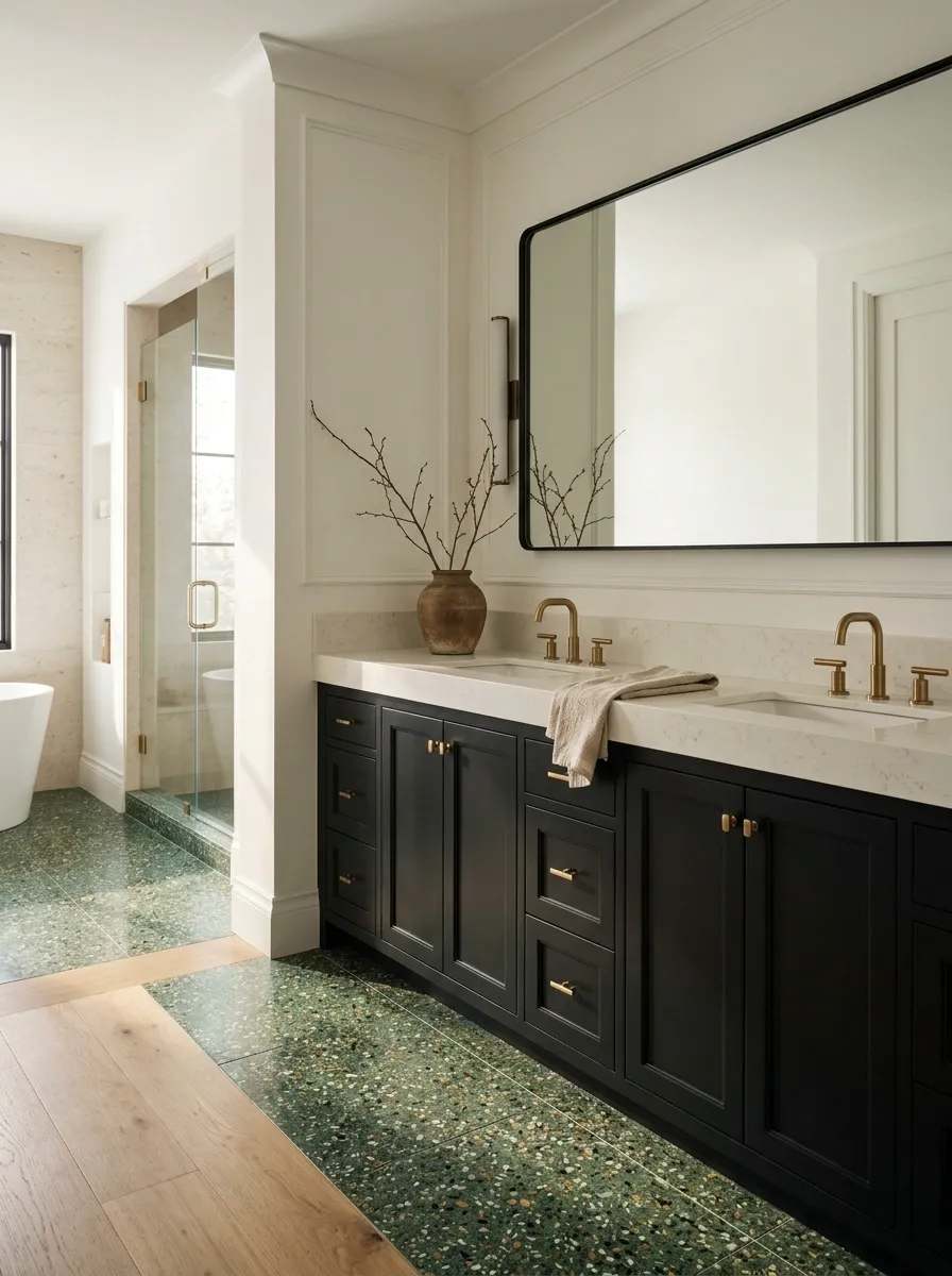 Green Terrazzo Bathroom With Black Cabinetry