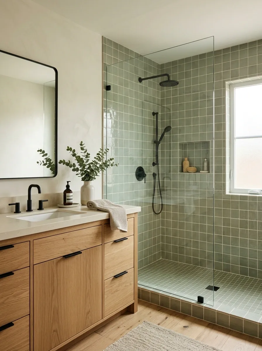 Green-Tile Farmhouse Bathroom With Oak and Creamy Stone