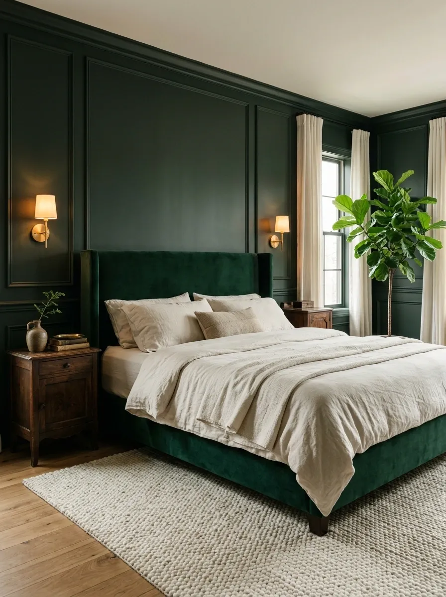 Green Velvet Bedroom With Brass Details and Layered Plants