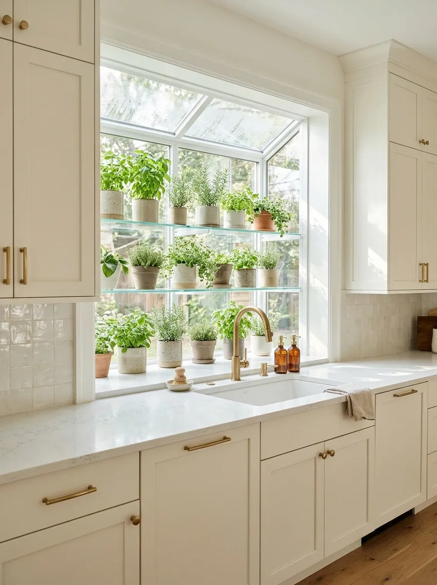 Greenhouse Kitchen Window With Glass Shelves and Fresh Herbs