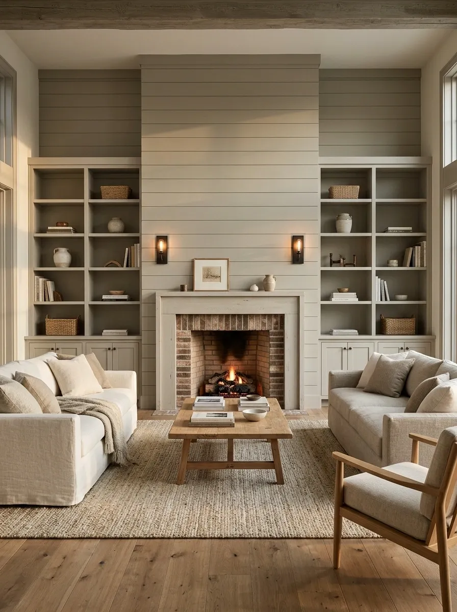 Greige Farmhouse Fireplace With Symmetrical Built-Ins