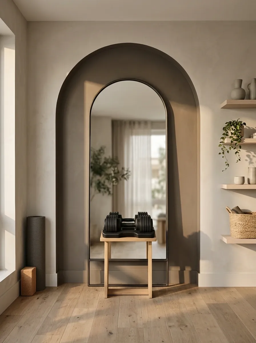 Greige Gym With a Painted Arch Around the Mirror