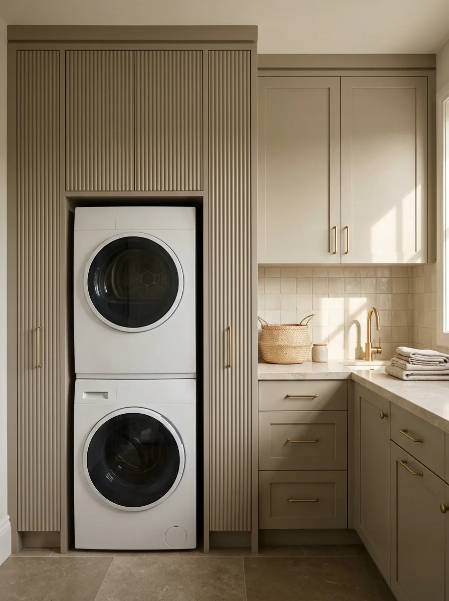 Greige Laundry Cabinetry With Fluted Detail and Warm Metal Hardware
