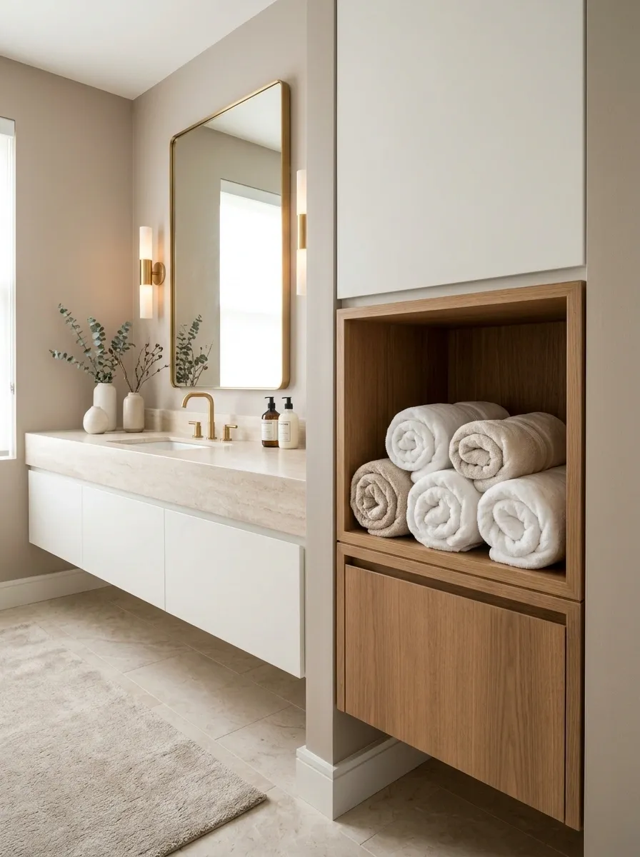 Guest Bathroom With a Hotel-Style Rolled Towel Shelf