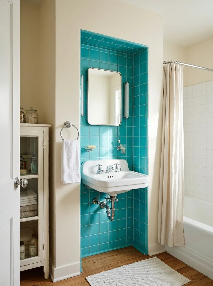 Guest Bathroom With a Tiled Washstand Niche and a Plain Tub Wall