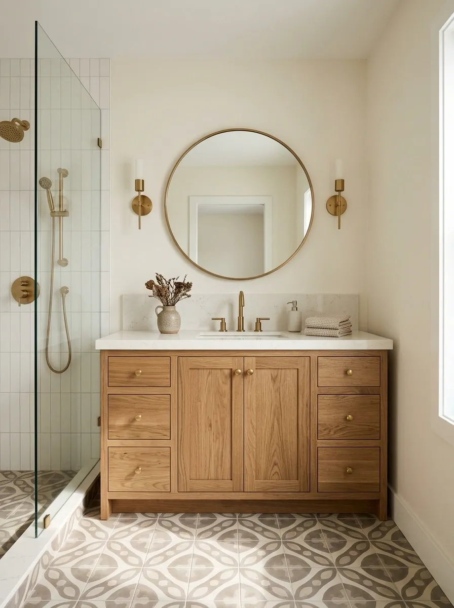 Guest Bathroom With Patterned Cement Tiles and Natural Oak