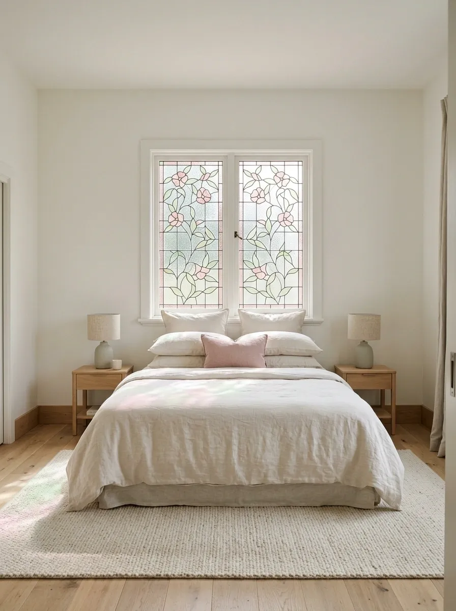 Guest Bedroom With Delicate Pastel Botanical Glass
