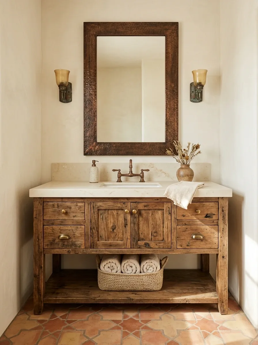 Guest Southwestern Bathroom With Vintage Wood and Antique Copper