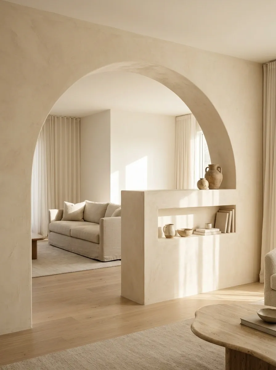 Half Wall With Arched Cutout and Built-In Display Shelf