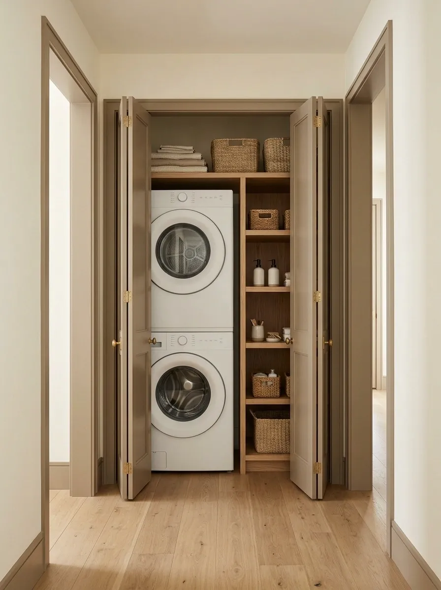 Hallway Laundry Closet With a Recessed Utility Shelf
