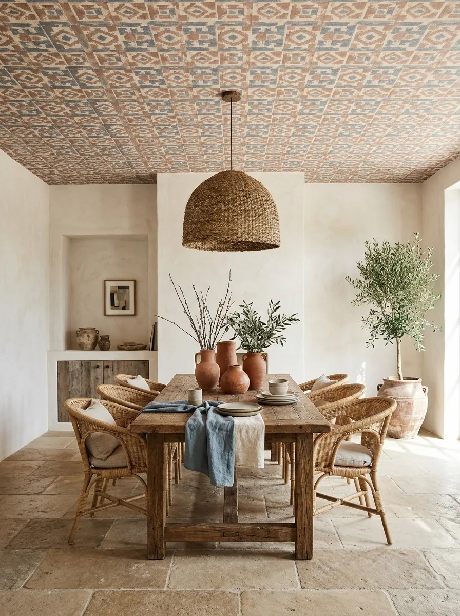 Hand-Blocked Ceiling Pattern in a Mediterranean Dining Room