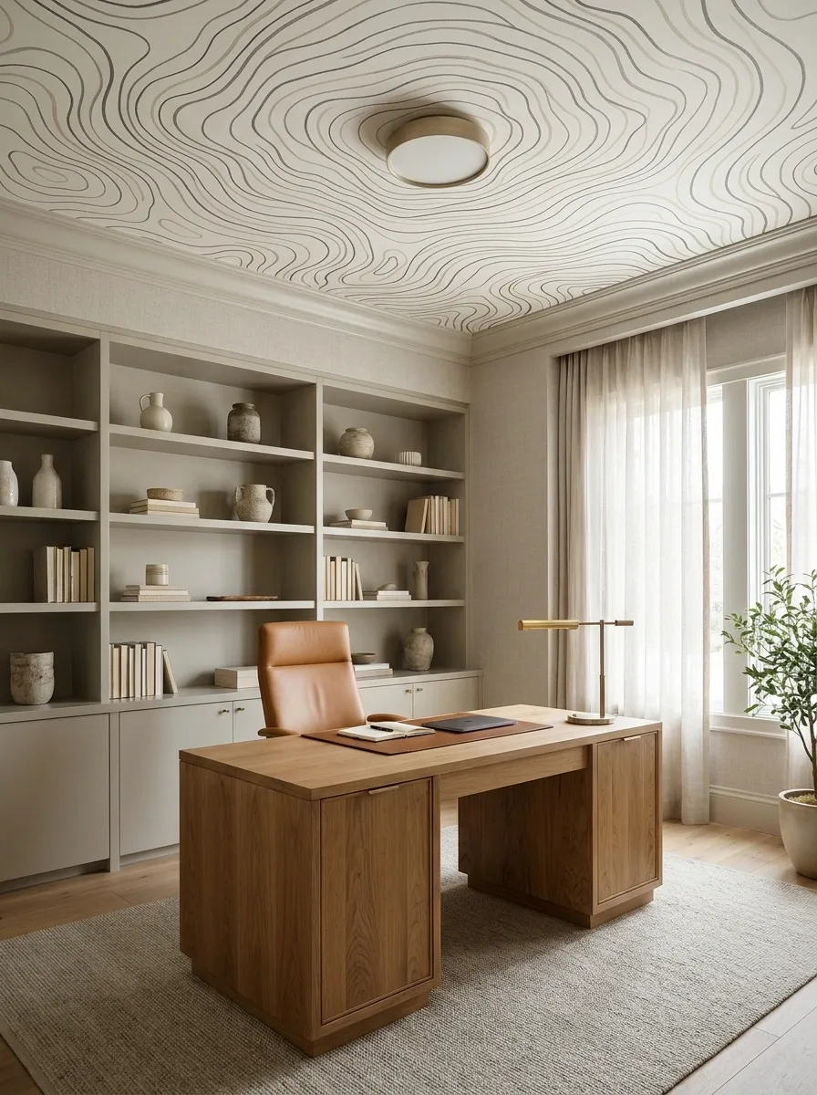 Hand-Drawn Ceiling Mural in a Creative Home Office