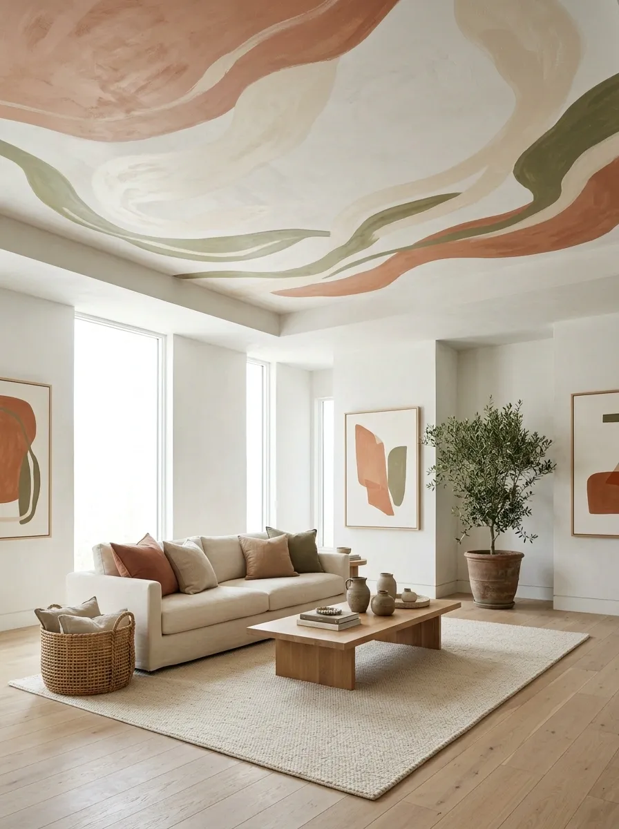 Hand-Painted Ceiling Mural in a Creative Family Room