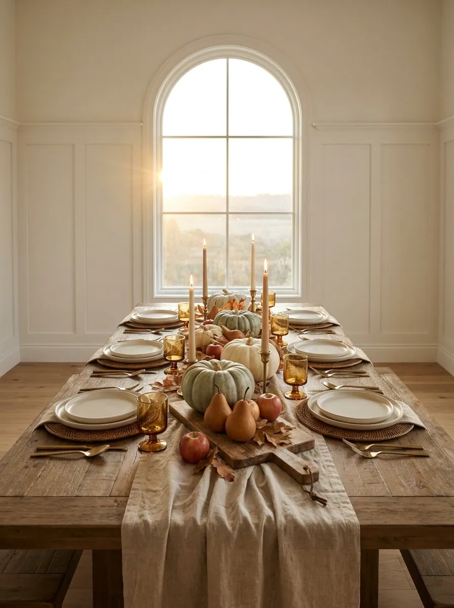 Harvest-Inspired Thanksgiving Table With Gourds and Seasonal Produce