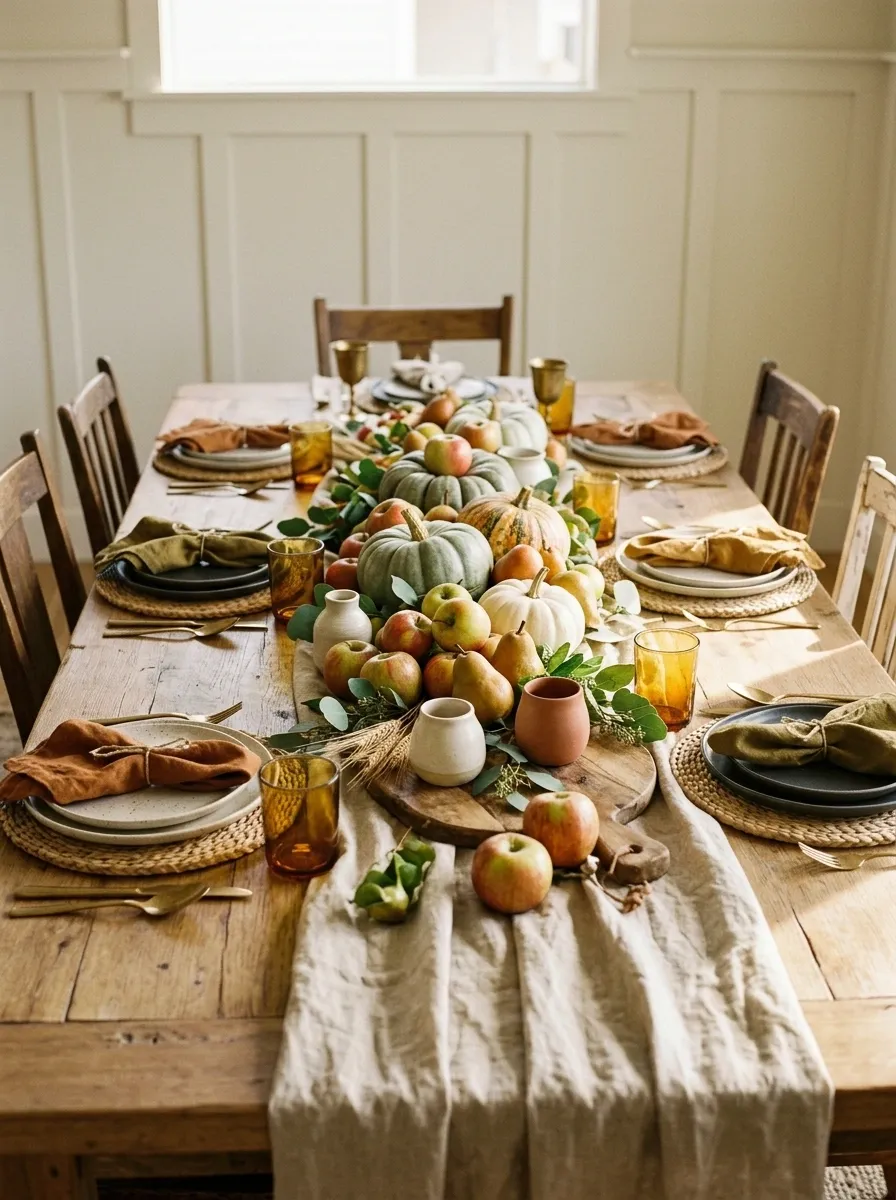 Harvest Thanksgiving Tablescape With Apples, Pears, and Pumpkins