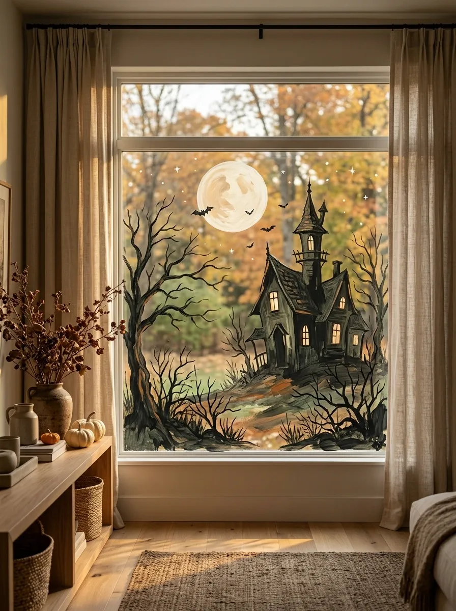 Haunted House Silhouettes Beneath a Halloween Moon