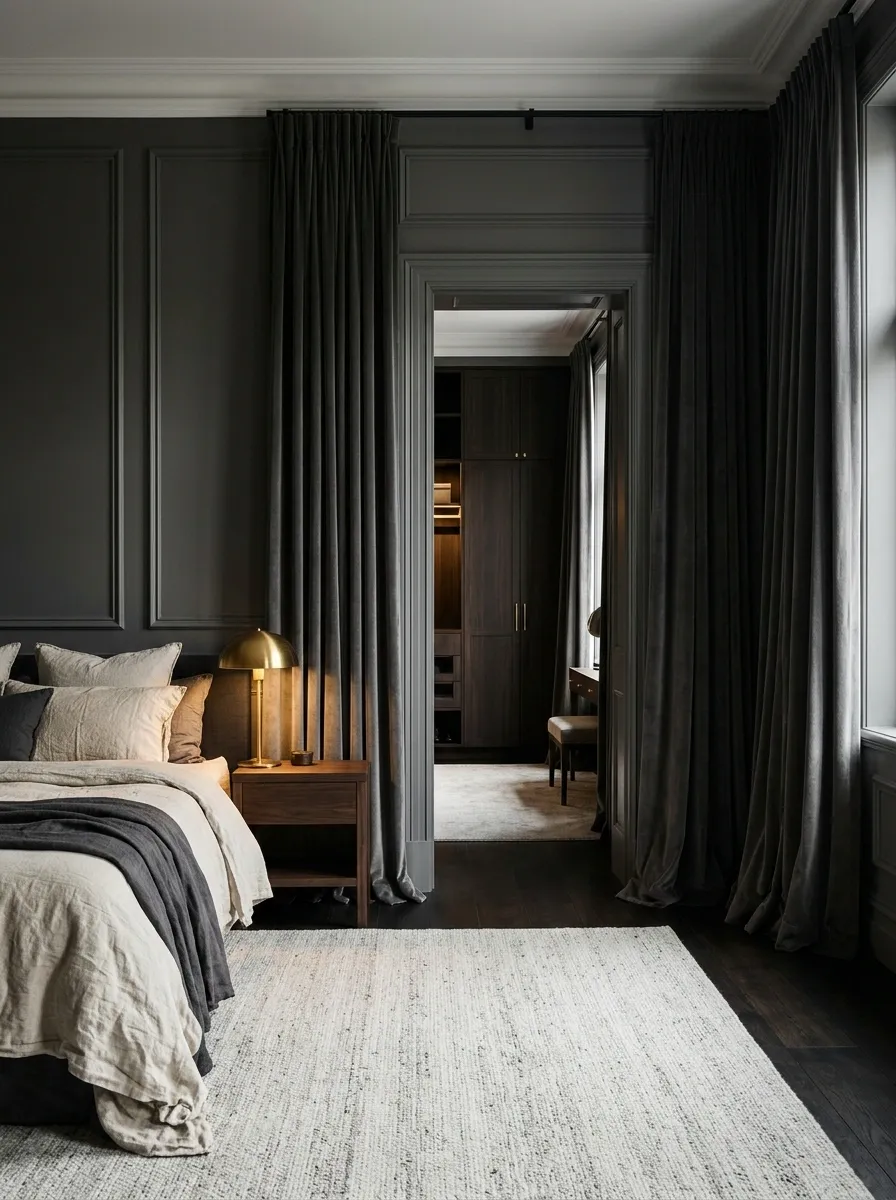 Heavy Velvet Curtain Creating a Dramatic Bedroom Transition