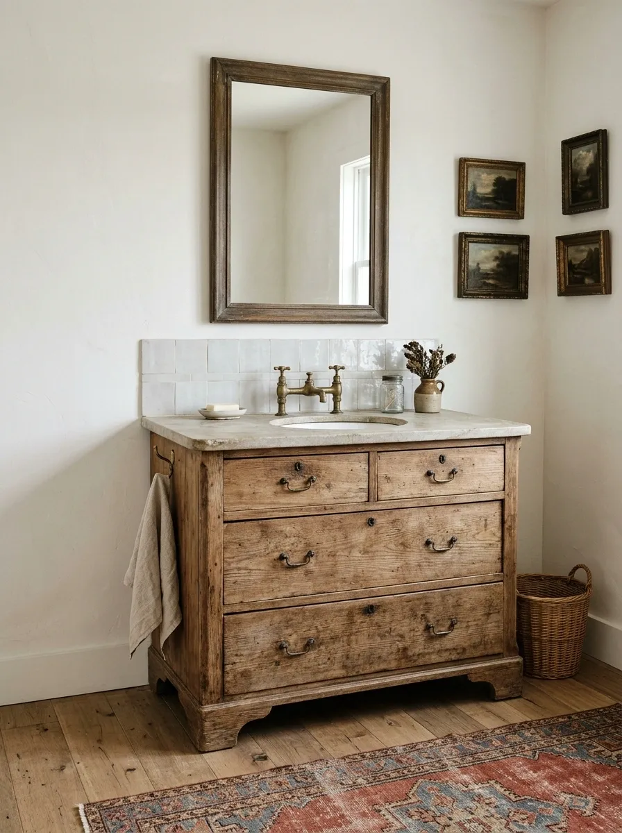 Heirloom Farmhouse Bathroom With a Repurposed Dresser Vanity