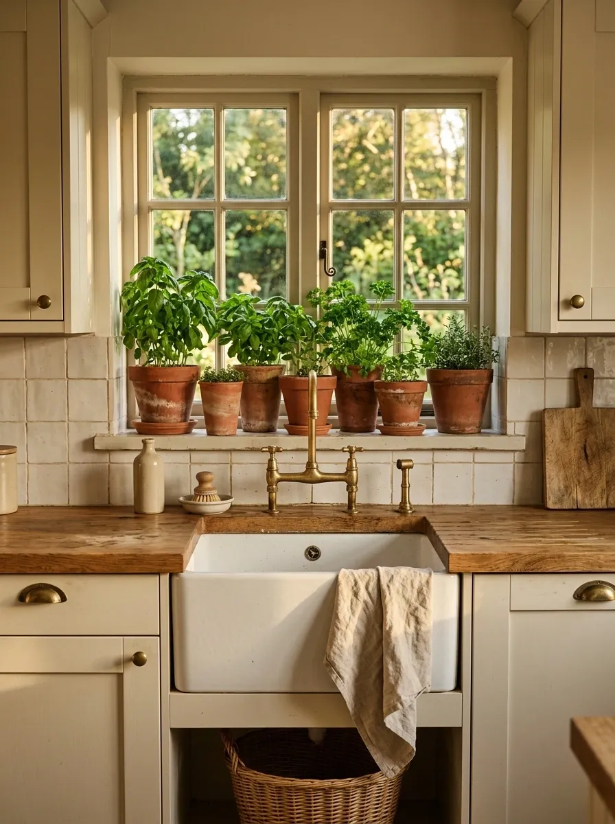 Herb-Filled Kitchen Window in a Rustic Cottage
